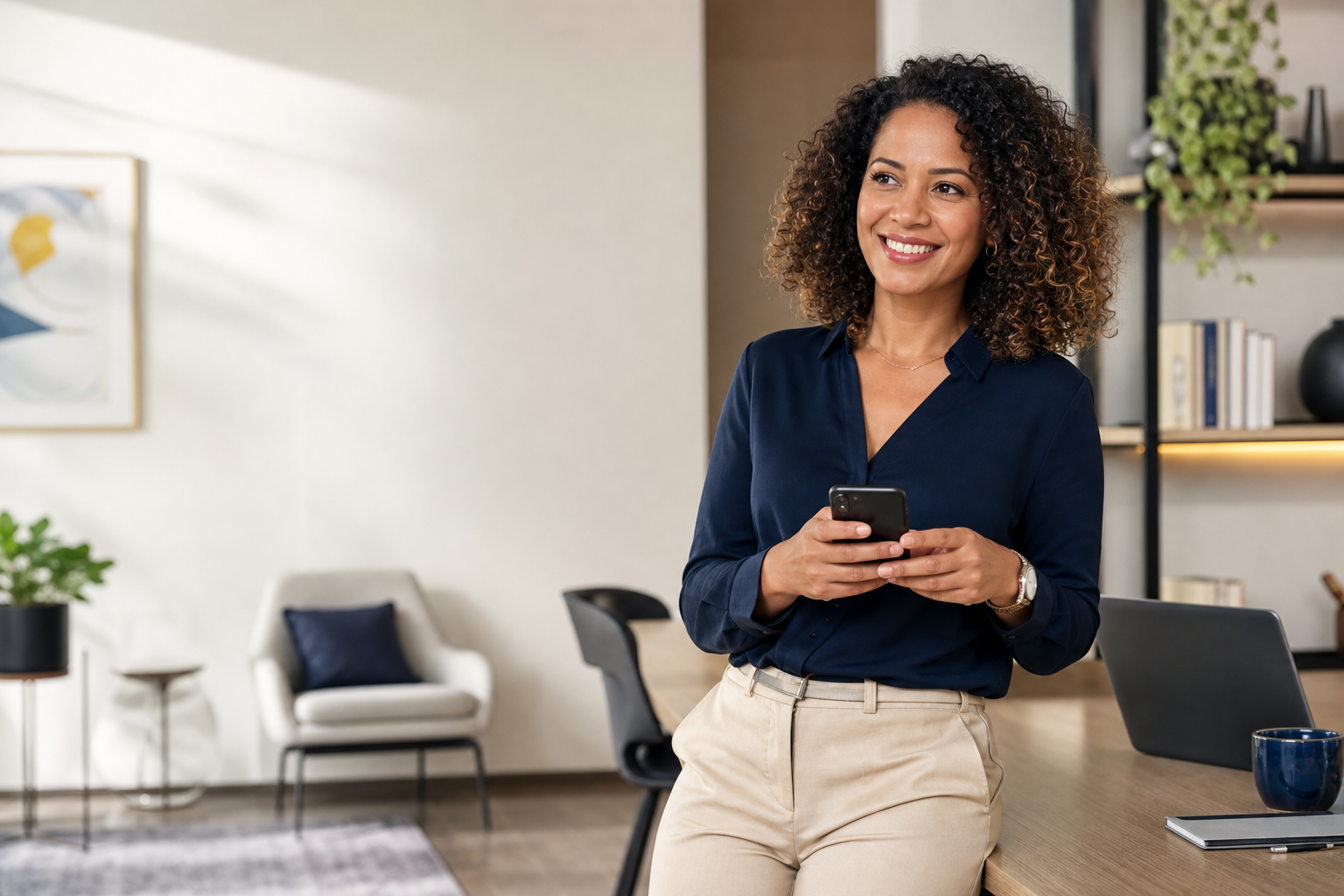 Mulher usando o celular com confiança no Programa Renda Extra Idental