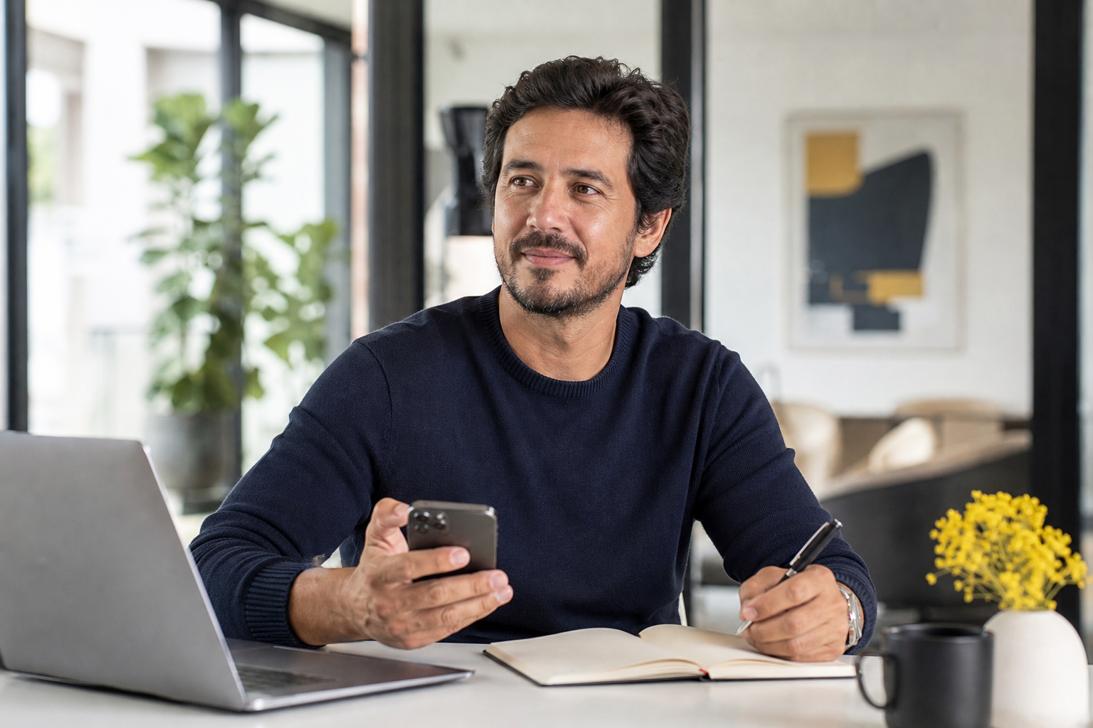 Homem organizando sua rotina de indicações pelo celular e caderno