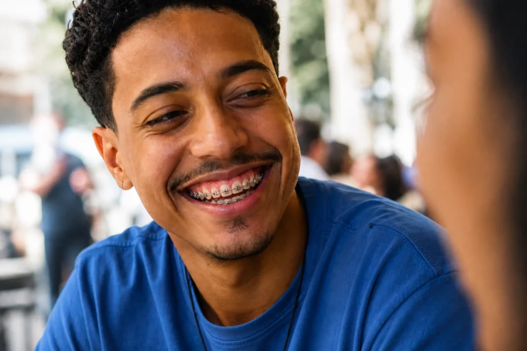 Pessoa sorrindo durante tratamento ortodôntico