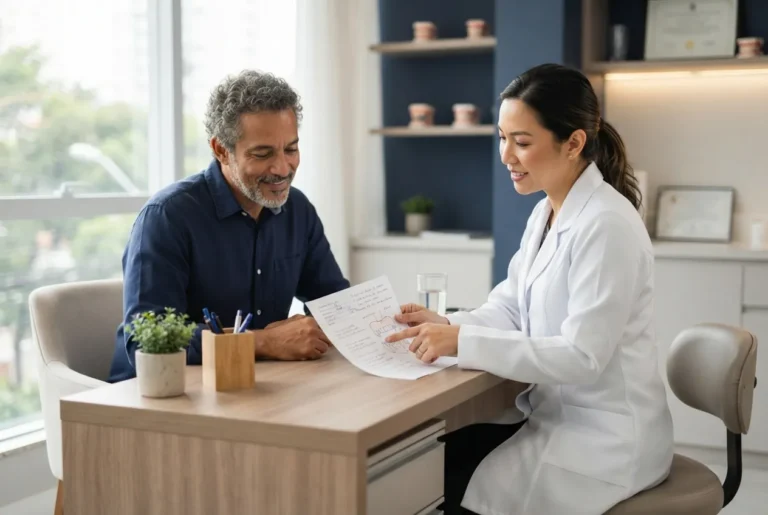 Médica conversando com um paciente em consulta