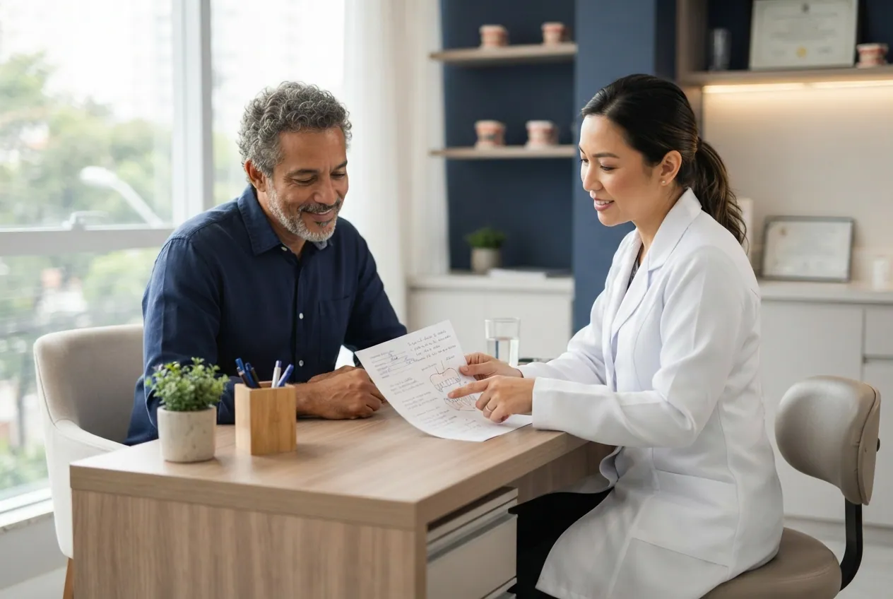 Médica conversando com um paciente em consulta