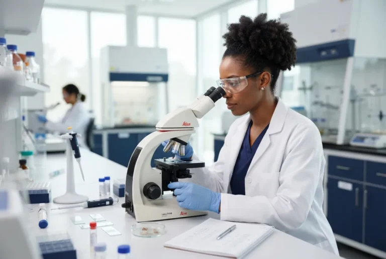 Cientista observando amostras ao microscópio