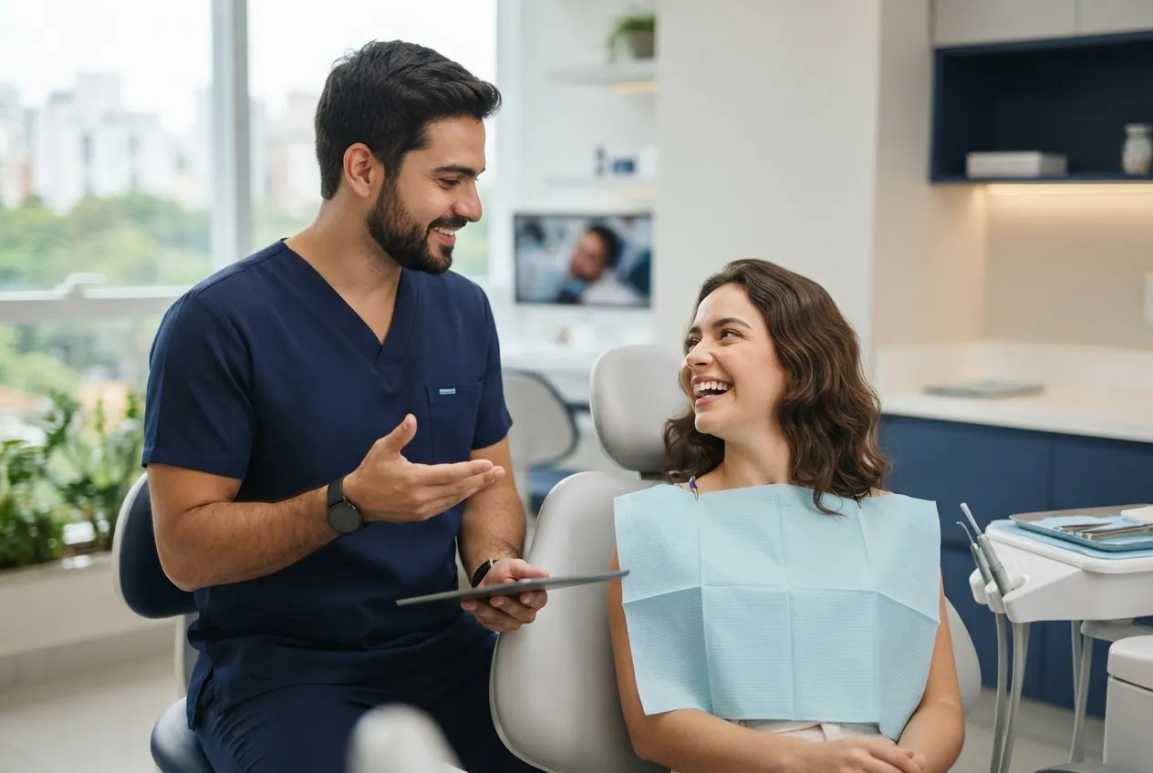 Dentista conversando com uma paciente no consultório
