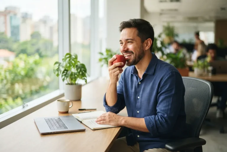 Homem comendo uma maçã no escritório