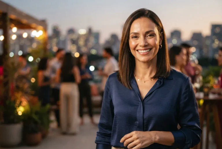 Mulher sorrindo num terraço ao entardecer