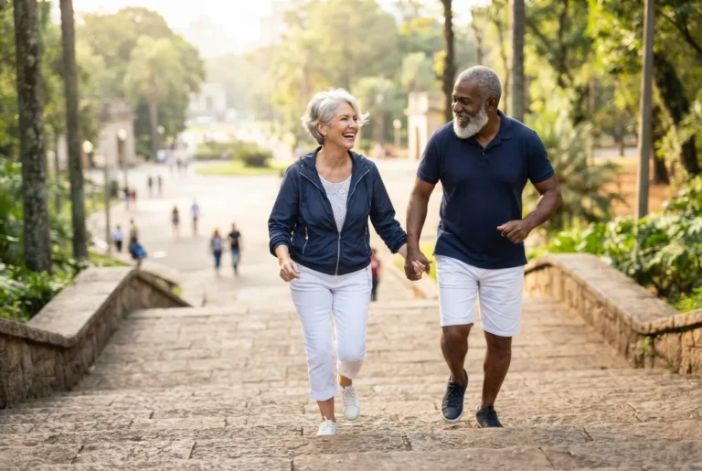 Casal subindo escadas num parque
