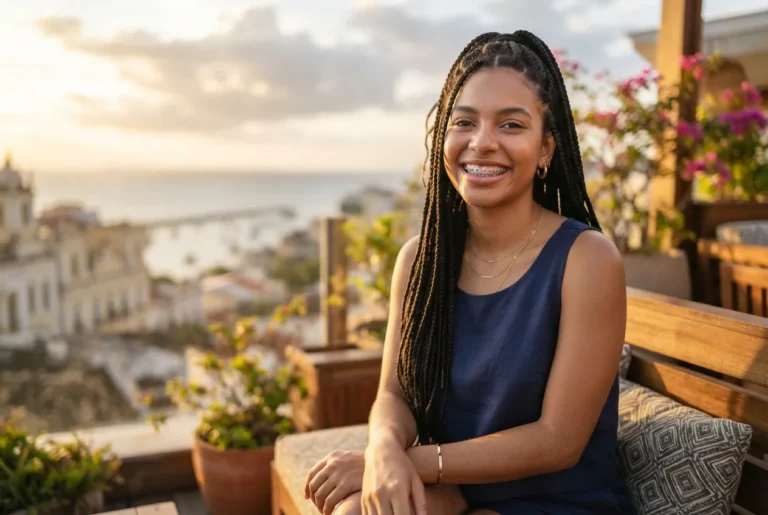 Jovem sorrindo num terraço com a cidade ao fundo
