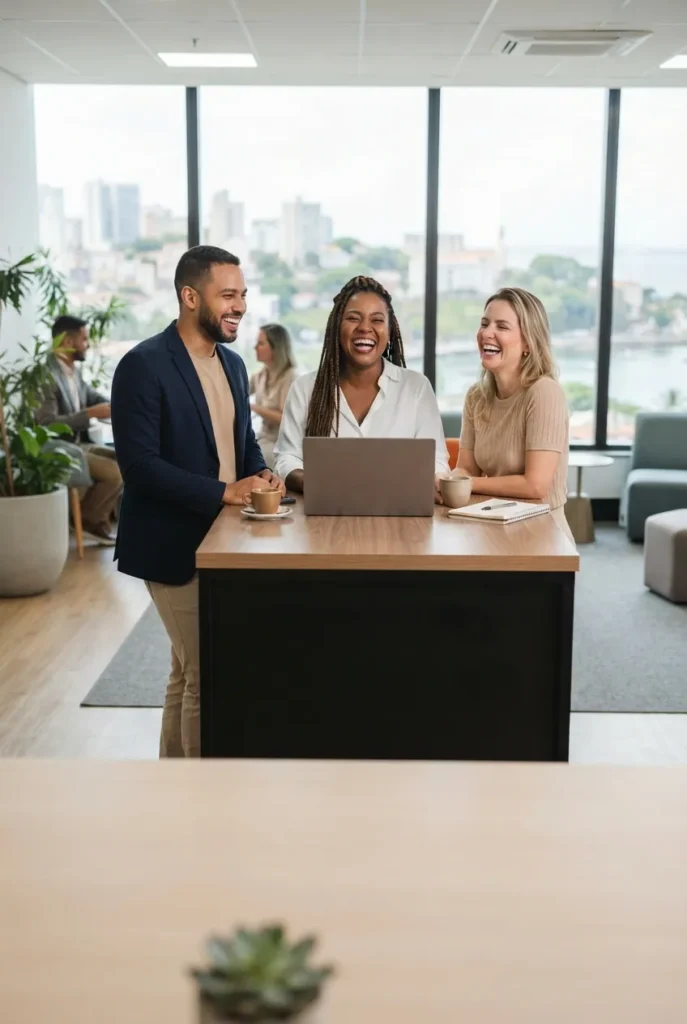 Equipe conversando e rindo em volta de uma mesa num escritório