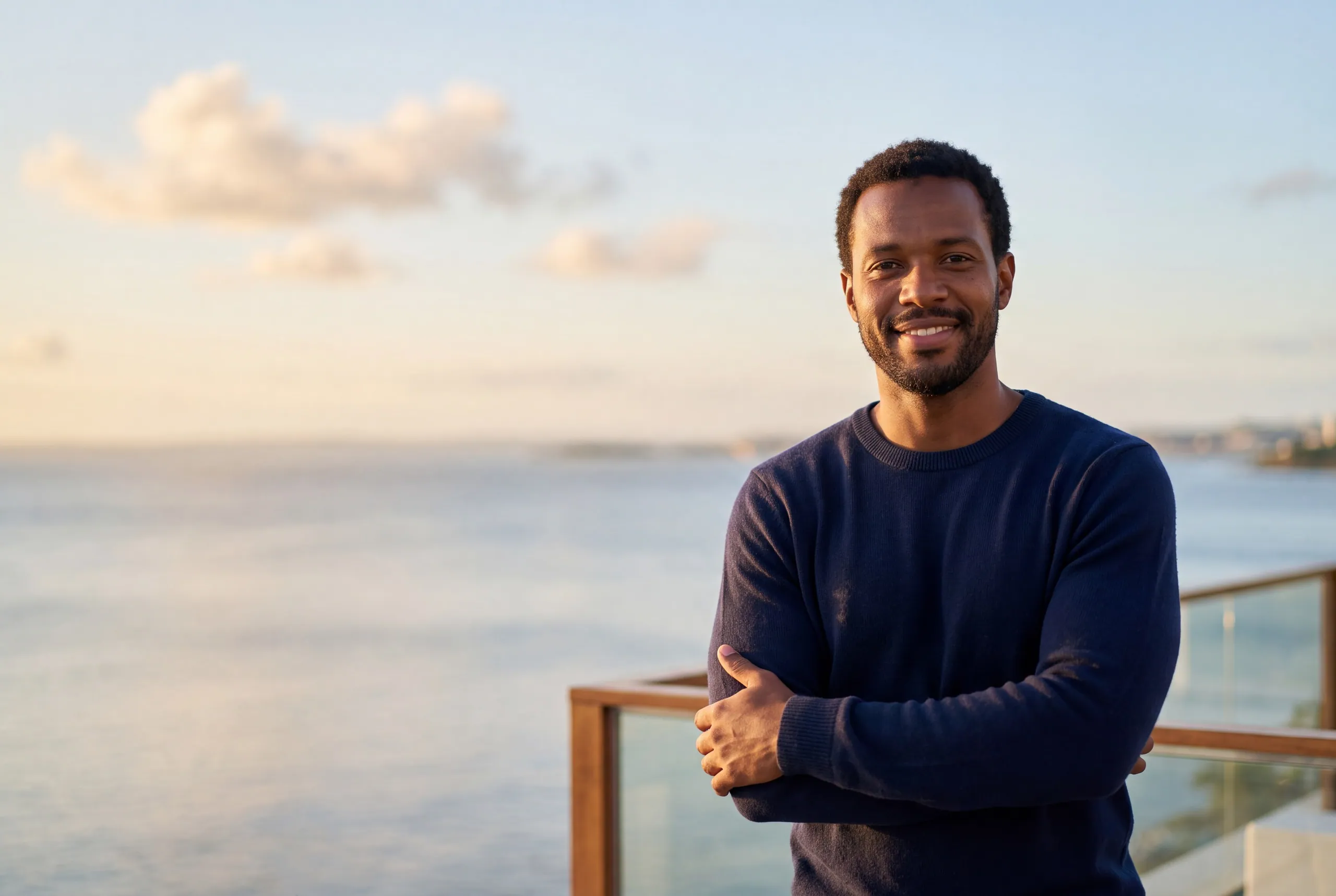 Homem sorrindo de braços cruzados em um terraço, com o mar ao fundo