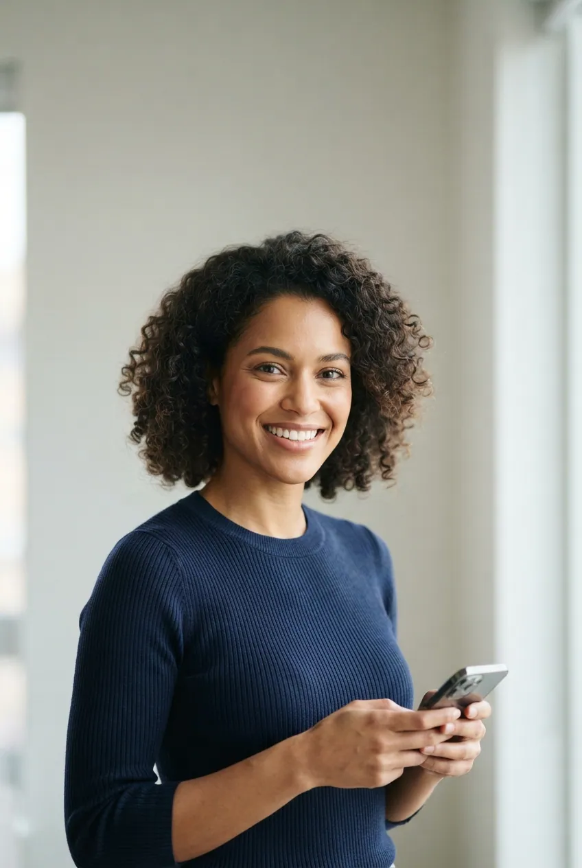 Mulher sorrindo no sofá de casa com o celular na mão