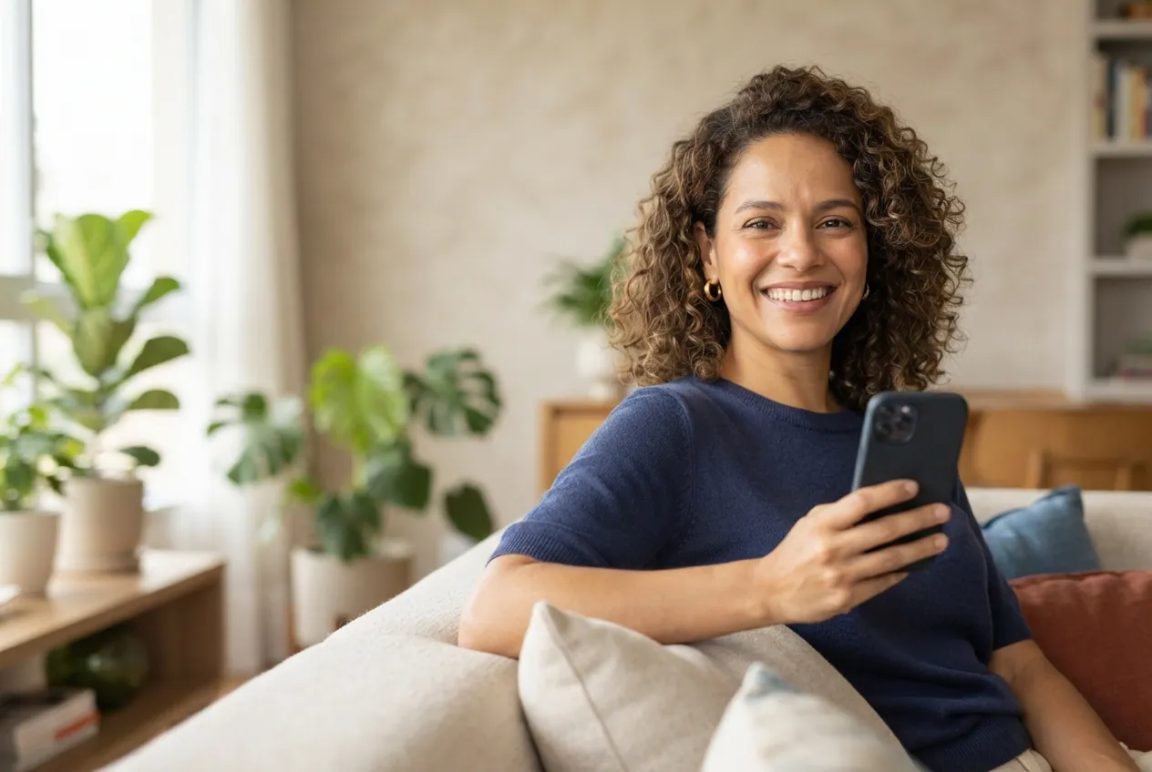 Mulher sorrindo no sofá de casa com o celular na mão