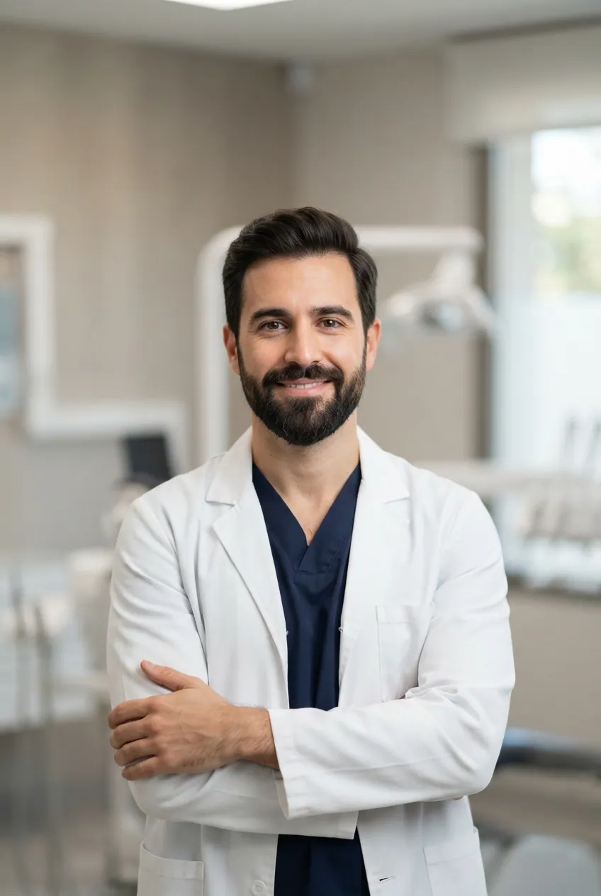 Dentista sorrindo de braços cruzados num consultório claro