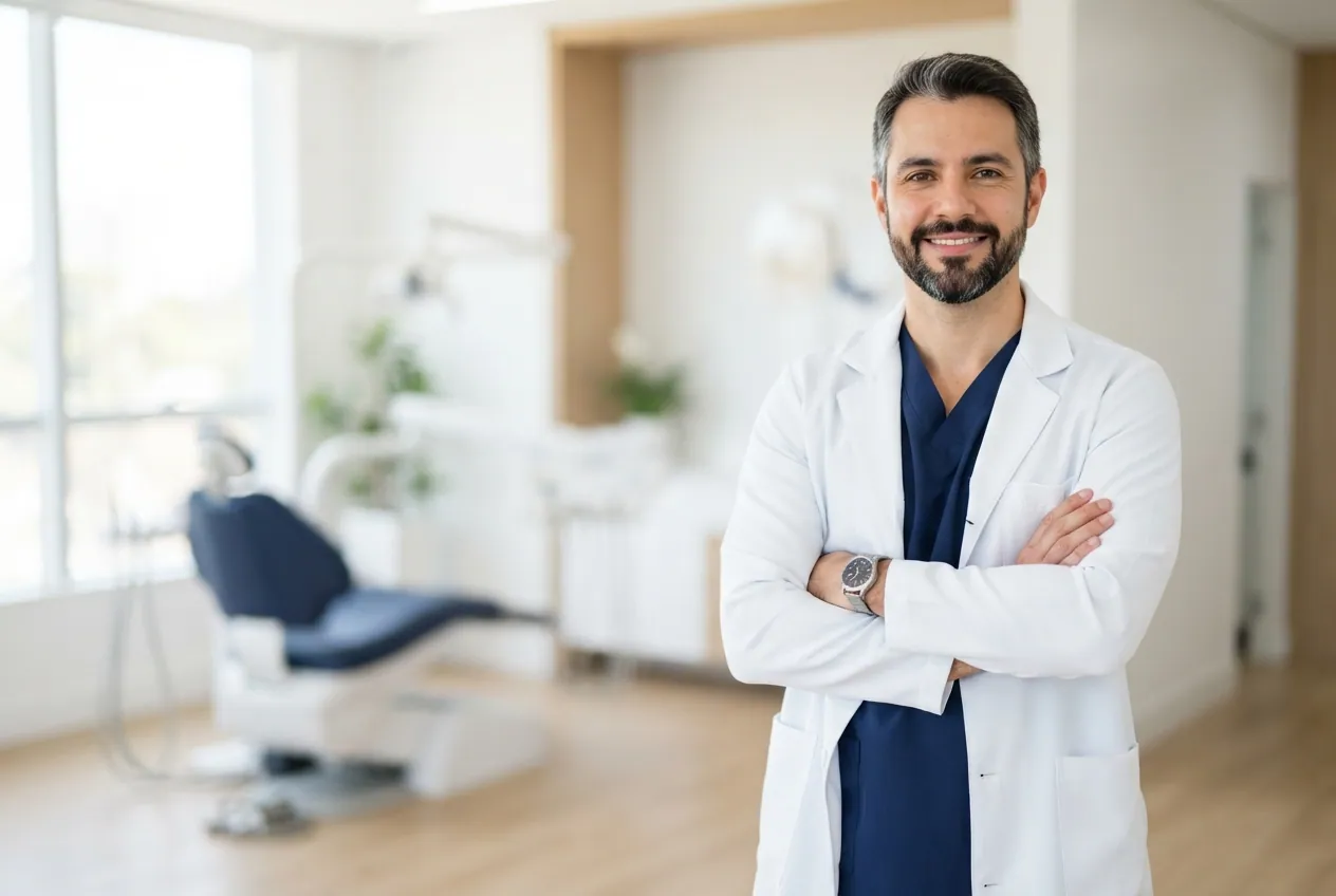 Dentista sorrindo de braços cruzados num consultório claro